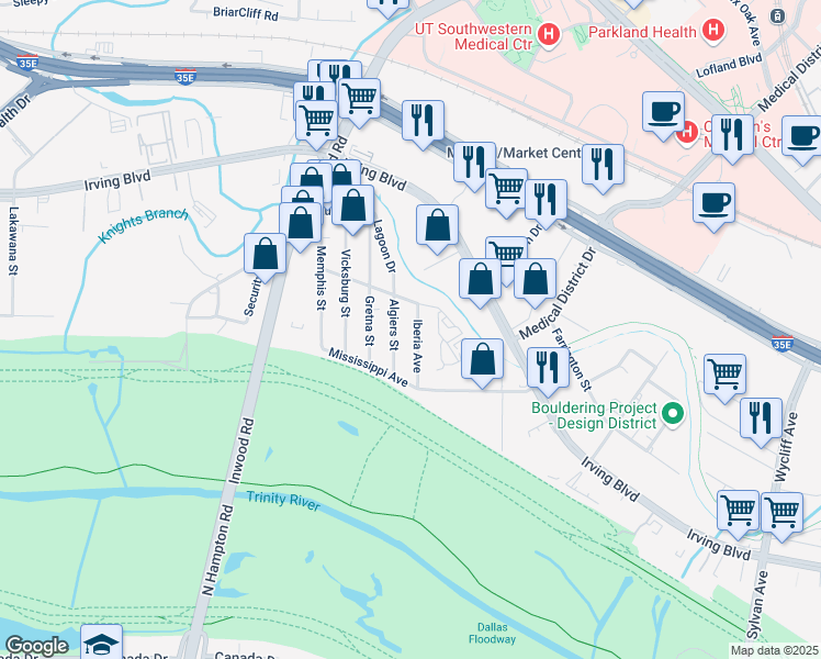 map of restaurants, bars, coffee shops, grocery stores, and more near 4749 Iberia Avenue in Dallas