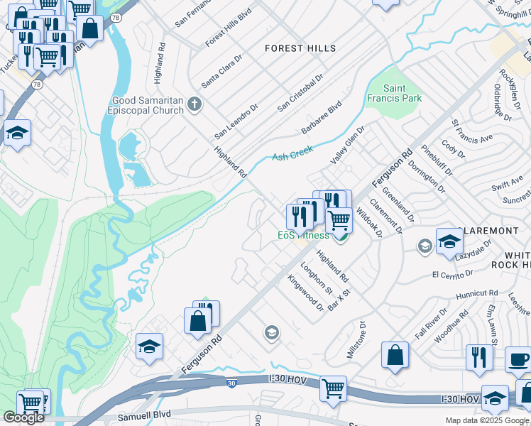 map of restaurants, bars, coffee shops, grocery stores, and more near 2000 Highland Road in Dallas