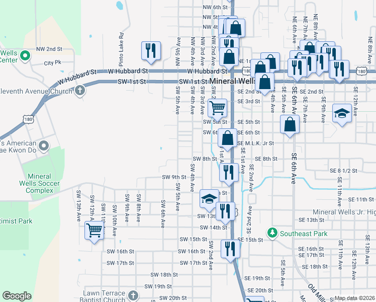 map of restaurants, bars, coffee shops, grocery stores, and more near 810 Southwest 4th Avenue in Mineral Wells