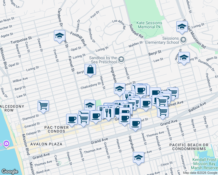 map of restaurants, bars, coffee shops, grocery stores, and more near 1536 Missouri Street in San Diego