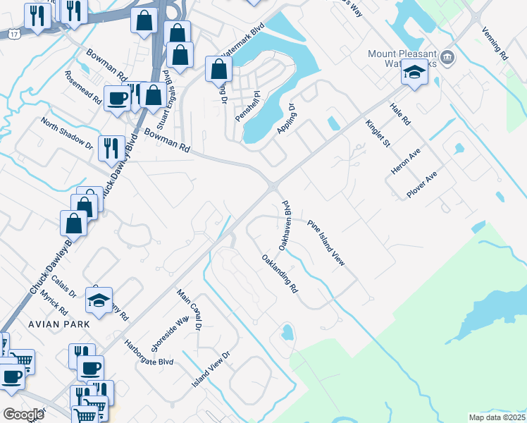 map of restaurants, bars, coffee shops, grocery stores, and more near 1407 Oak Landing Road in Mount Pleasant