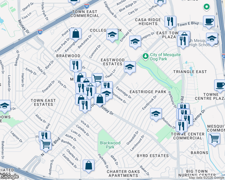 map of restaurants, bars, coffee shops, grocery stores, and more near 2728 Westview Drive in Mesquite