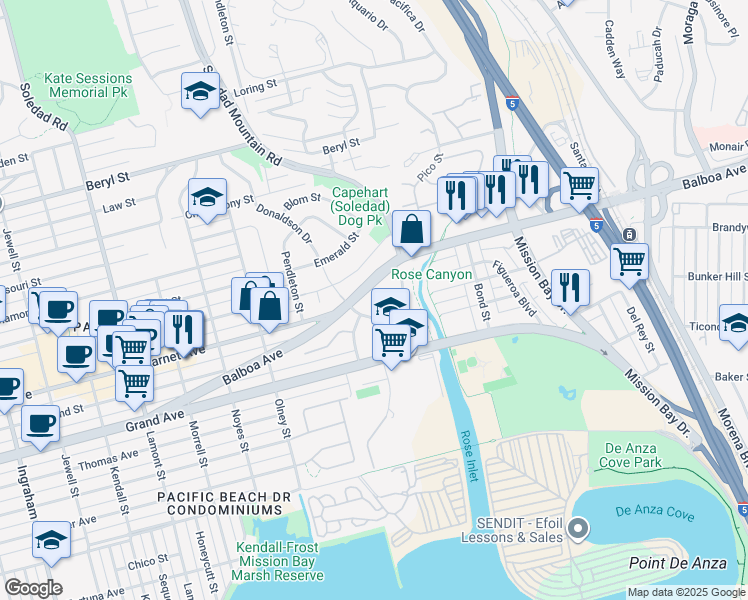 map of restaurants, bars, coffee shops, grocery stores, and more near 4470 Fogg Court in San Diego