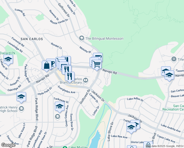 map of restaurants, bars, coffee shops, grocery stores, and more near 7255 Navajo Road in San Diego