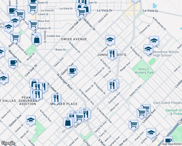map of restaurants, bars, coffee shops, grocery stores, and more near 5518 Worth St in Dallas