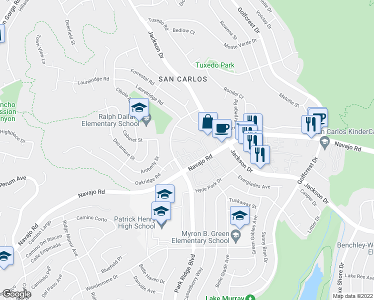 map of restaurants, bars, coffee shops, grocery stores, and more near 7378 Caminito Carlotta in San Diego