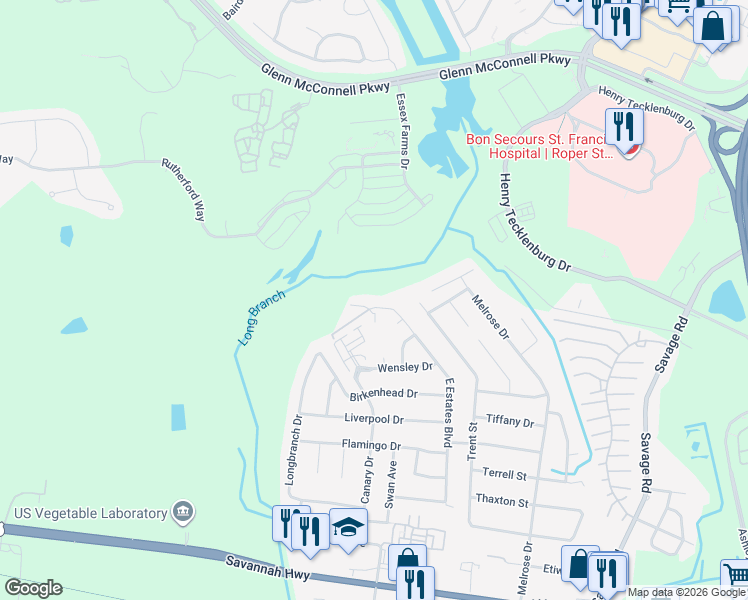map of restaurants, bars, coffee shops, grocery stores, and more near 940 East Estates Boulevard in Charleston