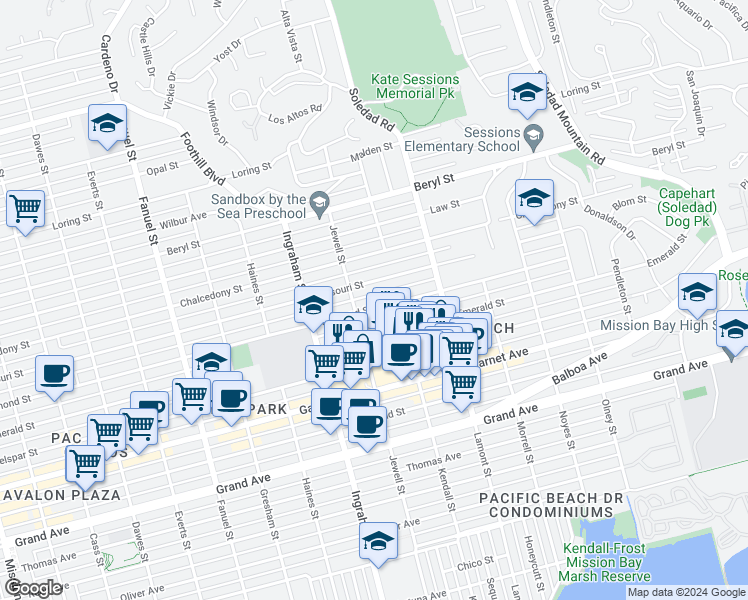 map of restaurants, bars, coffee shops, grocery stores, and more near 1760 Diamond Street in San Diego