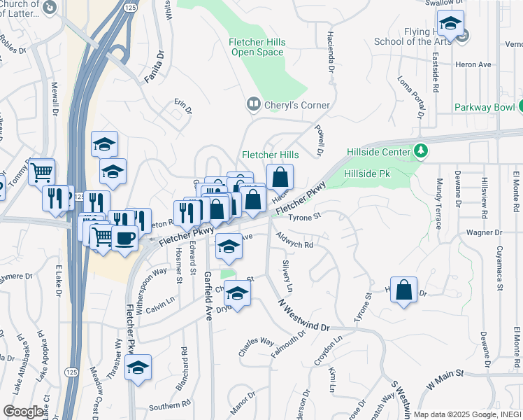 map of restaurants, bars, coffee shops, grocery stores, and more near 2210 Fletcher Parkway in El Cajon