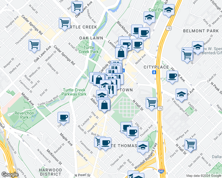 map of restaurants, bars, coffee shops, grocery stores, and more near 3232 McKinney Avenue in Dallas