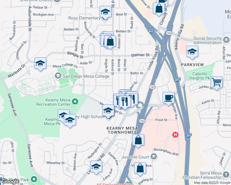map of restaurants, bars, coffee shops, grocery stores, and more near 3285 Ashford Street in San Diego