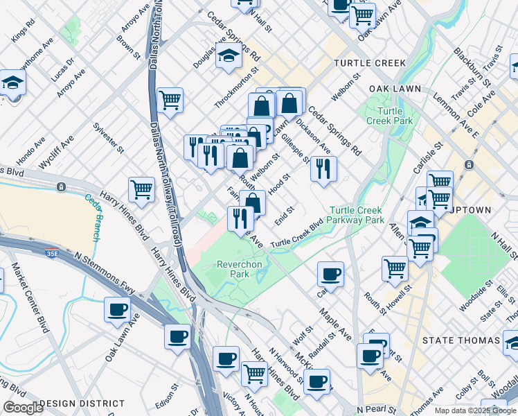map of restaurants, bars, coffee shops, grocery stores, and more near 3534 Fairmount Street in Dallas