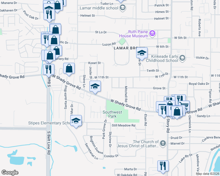 map of restaurants, bars, coffee shops, grocery stores, and more near 1101 Hickory Street in Irving