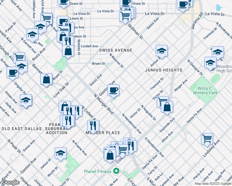 map of restaurants, bars, coffee shops, grocery stores, and more near 710 Dumas Street in Dallas
