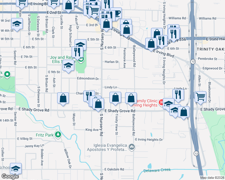 map of restaurants, bars, coffee shops, grocery stores, and more near 1104 Lindy Lane in Irving