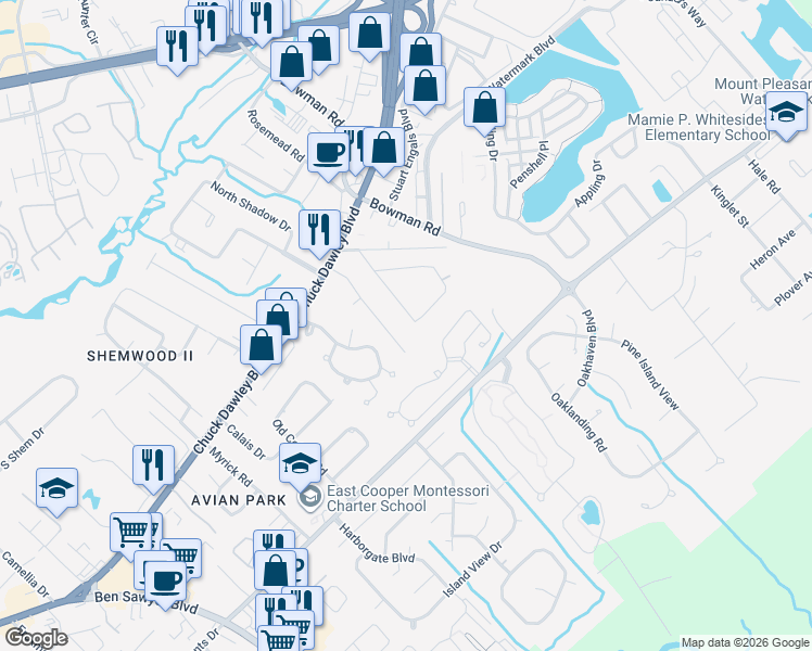 map of restaurants, bars, coffee shops, grocery stores, and more near 1259 Robin Road in Mount Pleasant