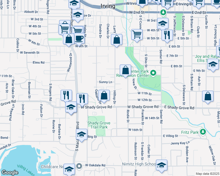 map of restaurants, bars, coffee shops, grocery stores, and more near 1007 Hilltop Drive in Irving