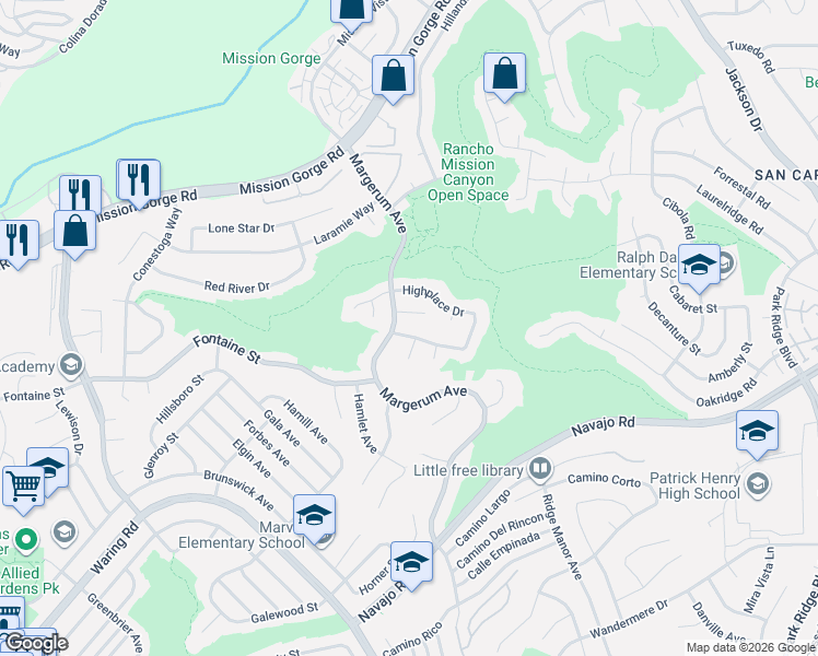 map of restaurants, bars, coffee shops, grocery stores, and more near 5912 Quiet Slope Drive in San Diego