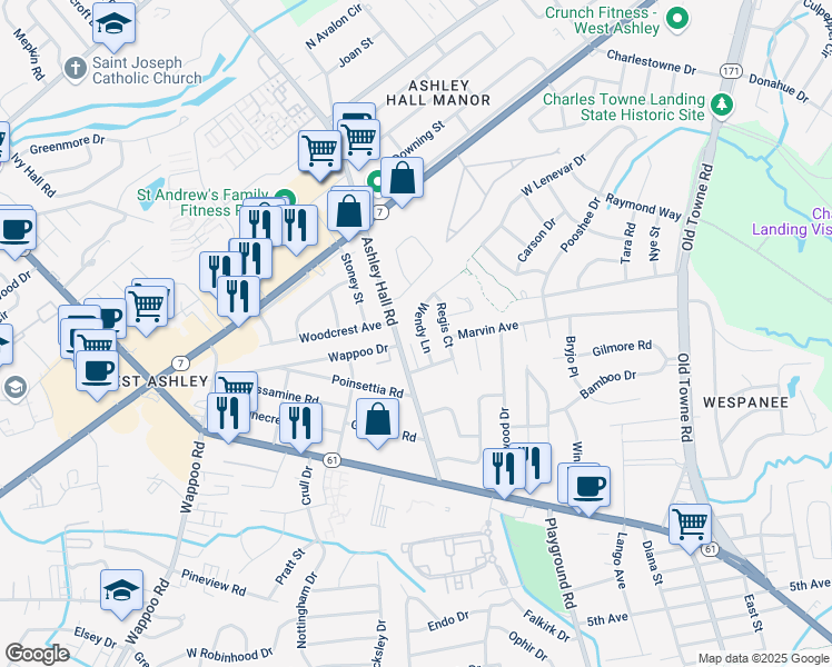 map of restaurants, bars, coffee shops, grocery stores, and more near 9 Wendy Lane in Charleston