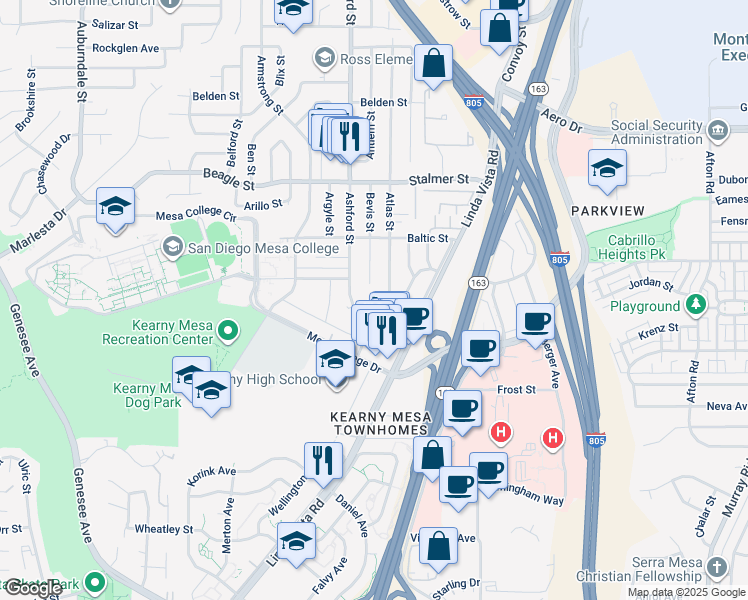 map of restaurants, bars, coffee shops, grocery stores, and more near 7556 Cullen Street in San Diego