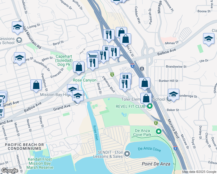 map of restaurants, bars, coffee shops, grocery stores, and more near 2755 Hornblend Street in San Diego