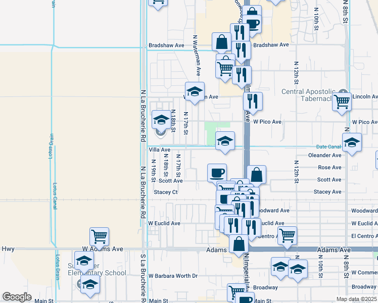 map of restaurants, bars, coffee shops, grocery stores, and more near 1689 Villa Avenue in El Centro