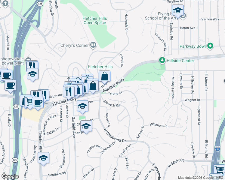 map of restaurants, bars, coffee shops, grocery stores, and more near 695 Tyrone Street in El Cajon