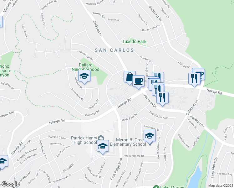 map of restaurants, bars, coffee shops, grocery stores, and more near 7378 Caminito Carlotta in San Diego