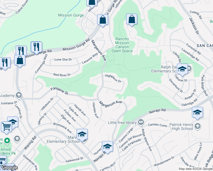 map of restaurants, bars, coffee shops, grocery stores, and more near 5912 Quiet Slope Drive in San Diego
