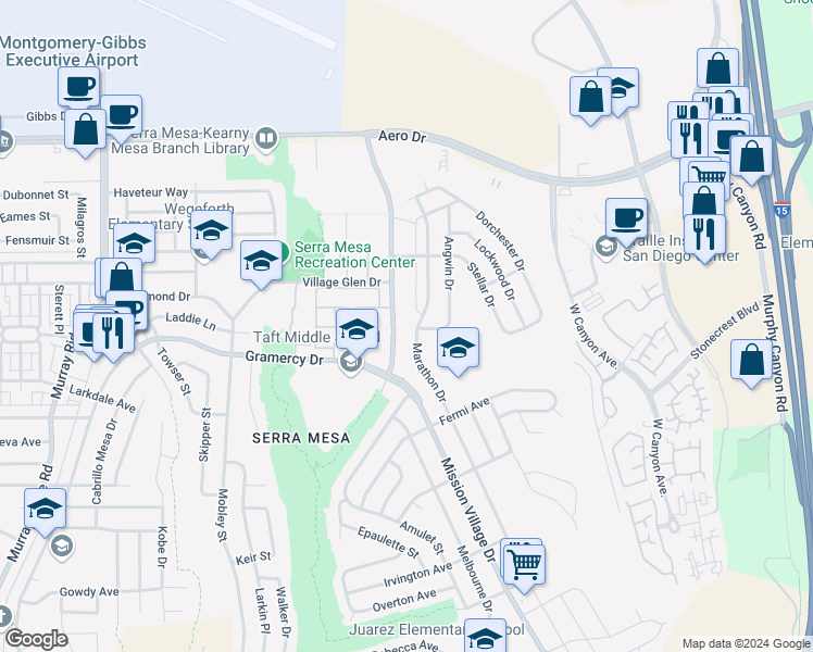 map of restaurants, bars, coffee shops, grocery stores, and more near 9352 Angwin Place in San Diego