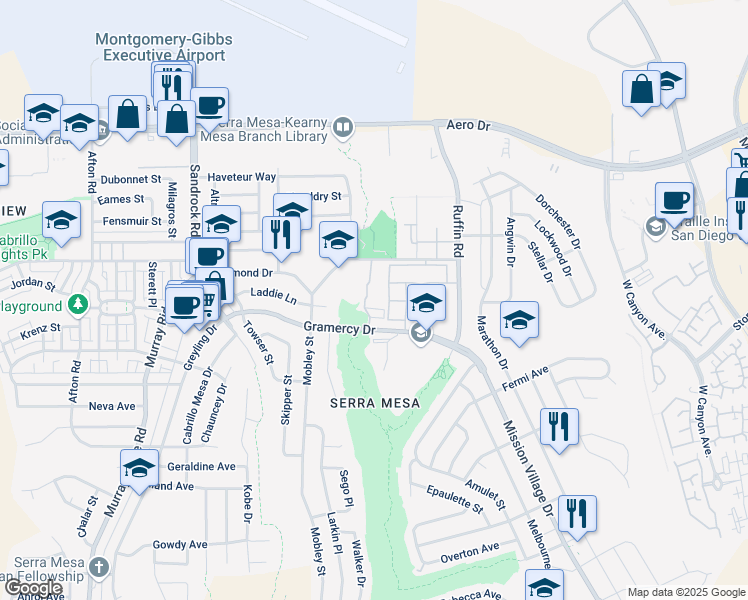map of restaurants, bars, coffee shops, grocery stores, and more near 9072 Gramercy Drive in San Diego