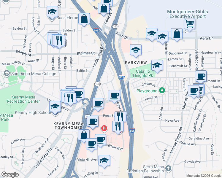 map of restaurants, bars, coffee shops, grocery stores, and more near 7954 Harmarsh Street in San Diego