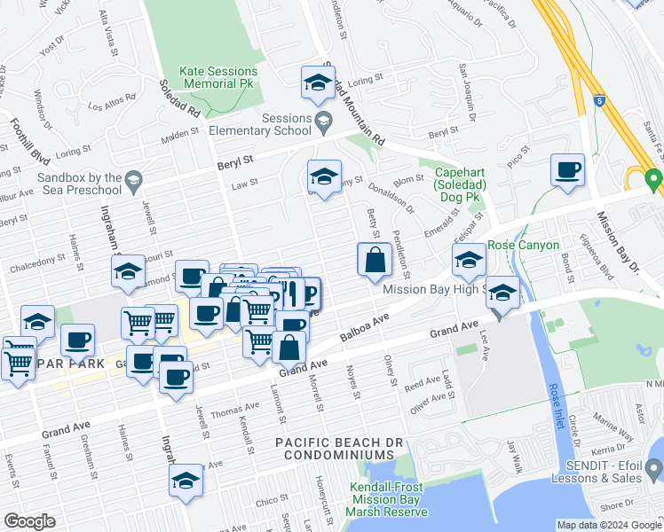 map of restaurants, bars, coffee shops, grocery stores, and more near 2077 Emerald Street in San Diego