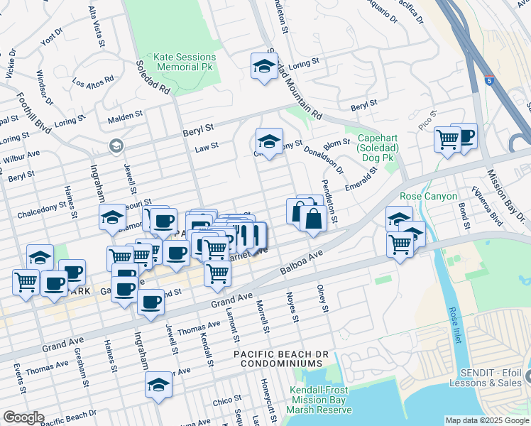 map of restaurants, bars, coffee shops, grocery stores, and more near 2077 Emerald Street in San Diego