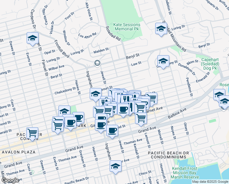 map of restaurants, bars, coffee shops, grocery stores, and more near 1760 Diamond Street in San Diego