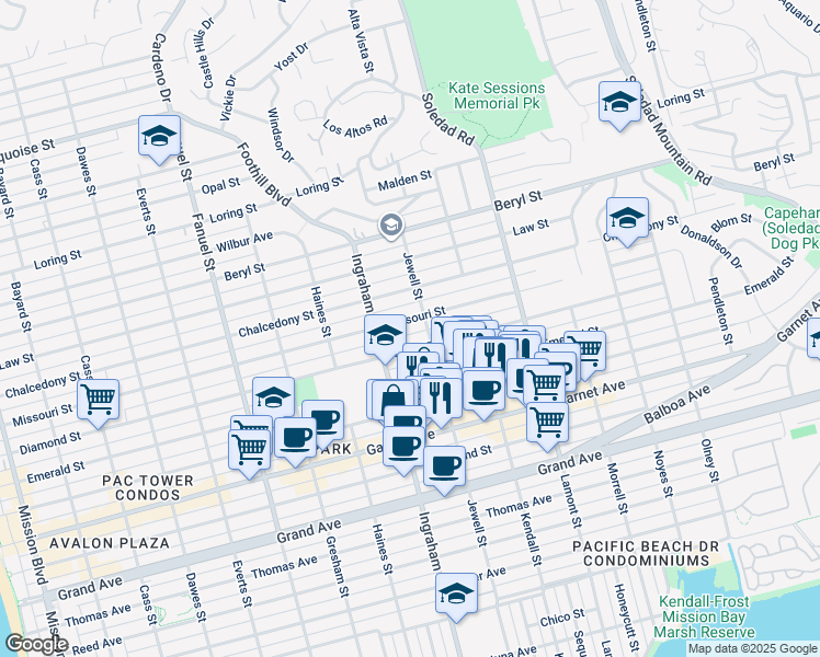 map of restaurants, bars, coffee shops, grocery stores, and more near 4730 Jewell Street in San Diego