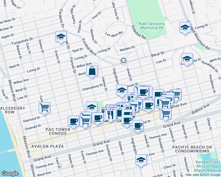 map of restaurants, bars, coffee shops, grocery stores, and more near 1536 Missouri Street in San Diego