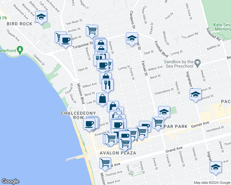 map of restaurants, bars, coffee shops, grocery stores, and more near in San Diego