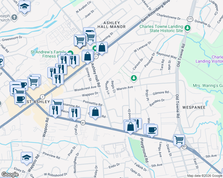 map of restaurants, bars, coffee shops, grocery stores, and more near 1324 Marvin Avenue in Charleston
