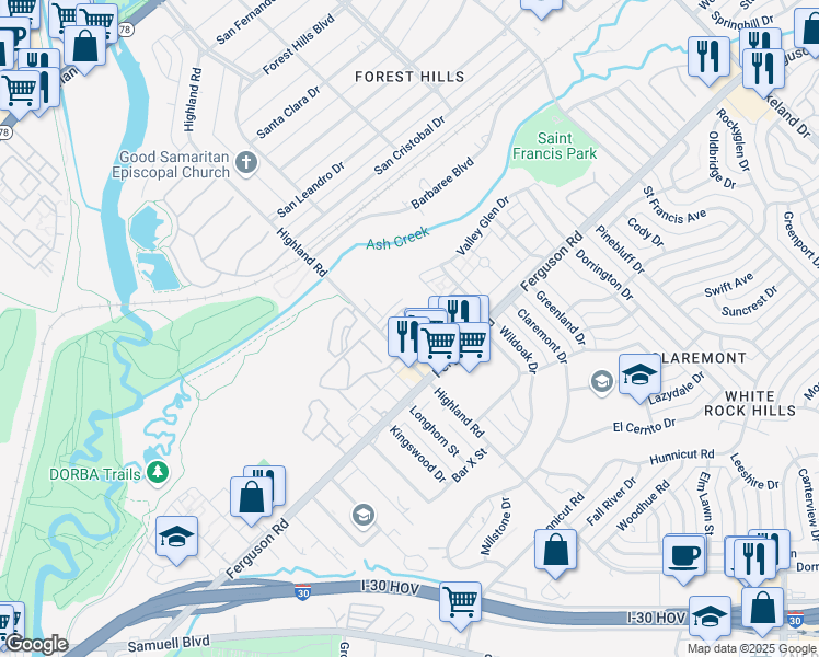map of restaurants, bars, coffee shops, grocery stores, and more near 2165 Highland Road in Dallas