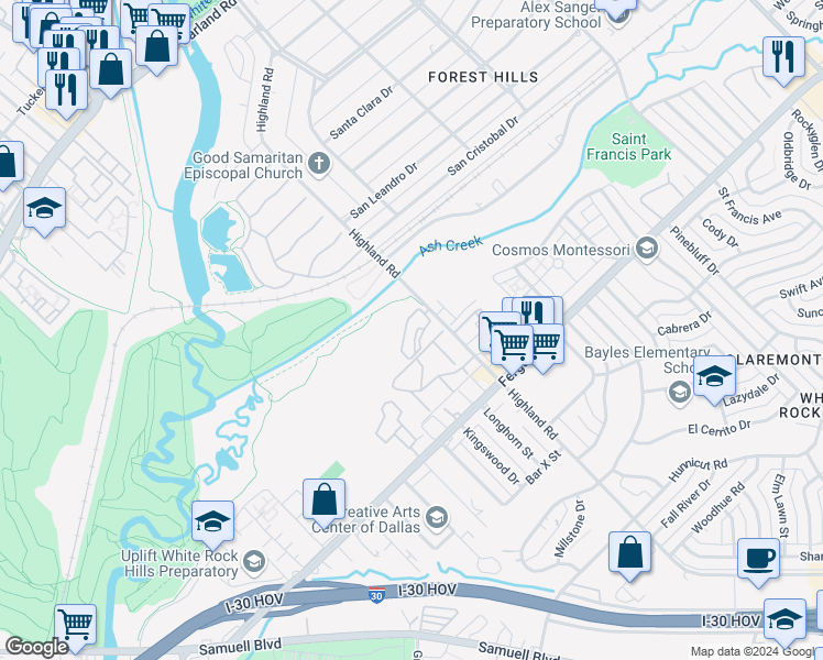 map of restaurants, bars, coffee shops, grocery stores, and more near 2000 Highland Road in Dallas
