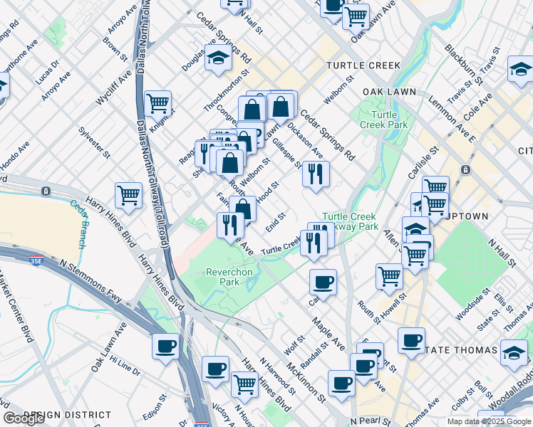 map of restaurants, bars, coffee shops, grocery stores, and more near 3508 Routh Street in Dallas