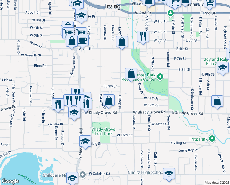map of restaurants, bars, coffee shops, grocery stores, and more near 1007 Hilltop Drive in Irving