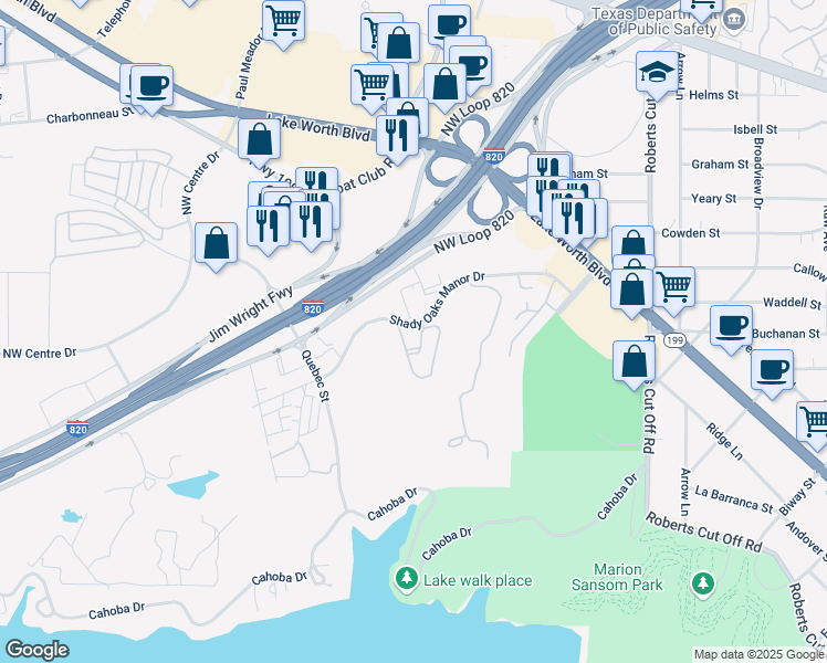 map of restaurants, bars, coffee shops, grocery stores, and more near 2936 Observation Drive in Fort Worth