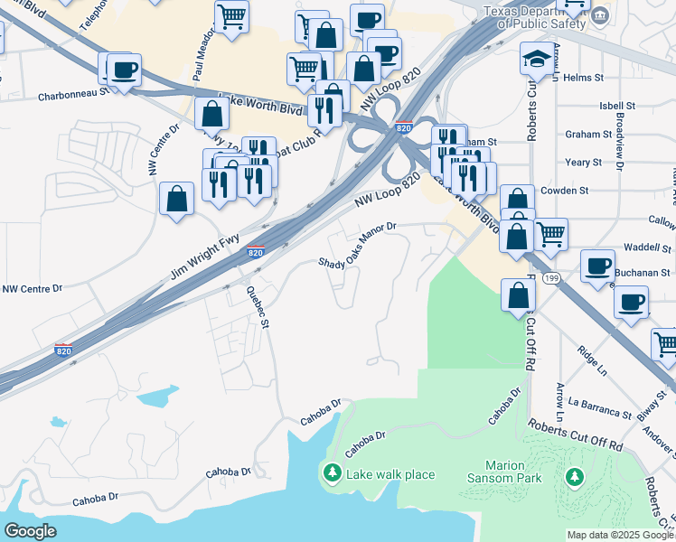 map of restaurants, bars, coffee shops, grocery stores, and more near 6303 Shady Oaks Manor Drive in Fort Worth