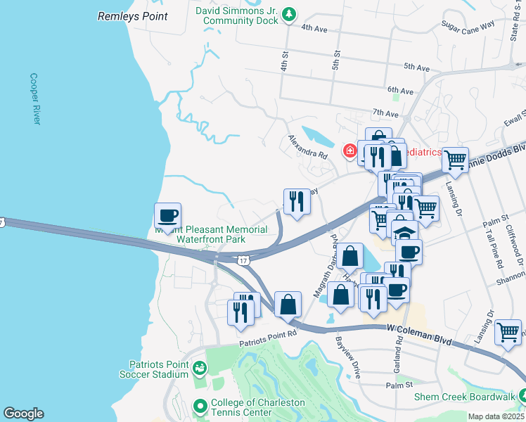map of restaurants, bars, coffee shops, grocery stores, and more near 155 Wingo Way in Mount Pleasant