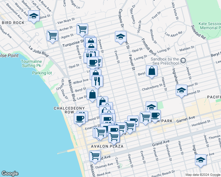 map of restaurants, bars, coffee shops, grocery stores, and more near 1076 Law Street in San Diego