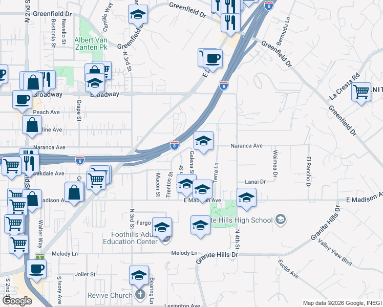 map of restaurants, bars, coffee shops, grocery stores, and more near 672 Jade Avenue in El Cajon
