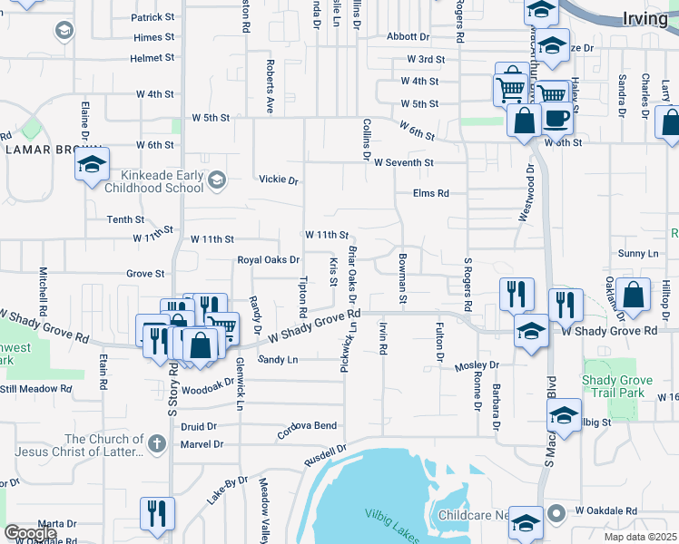 map of restaurants, bars, coffee shops, grocery stores, and more near 1120 Kris St in Irving