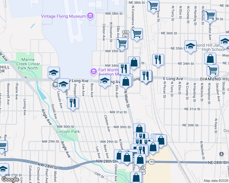 map of restaurants, bars, coffee shops, grocery stores, and more near 3207 Ellis Avenue in Fort Worth